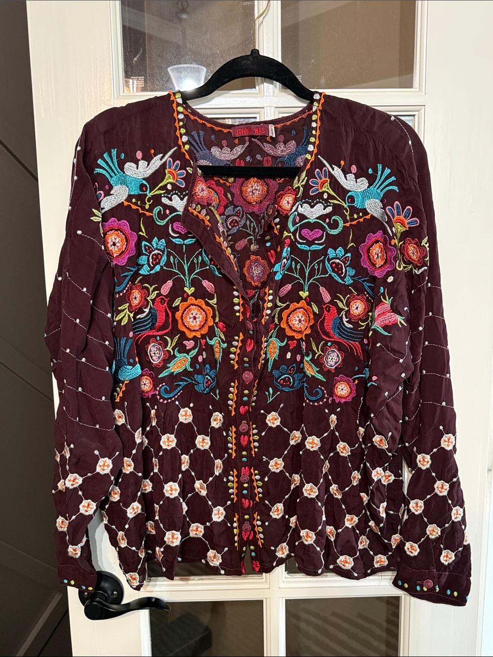 JOHNNY WAS Burgundy Embroidered Button-Front Floral Top Small Boho Luxury Chic